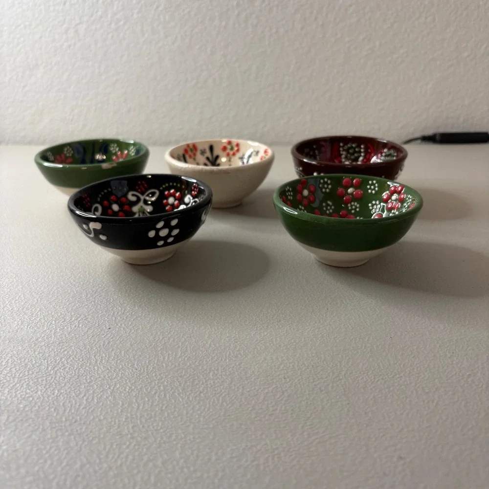 Set of 5 Hand Painted Turkish Ceramic Pinch Bowls Floral Decorative Small Bowls